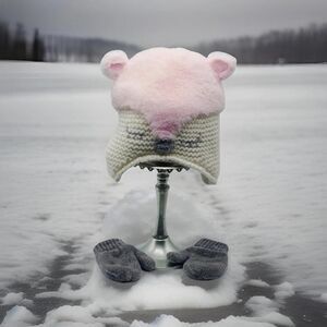 Critter Face Infant Girl Pom Pom Winter Hat and Mitten Set